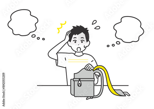 翌日の持ち物を忘れてしまい 困っている男の子のイメージイラスト