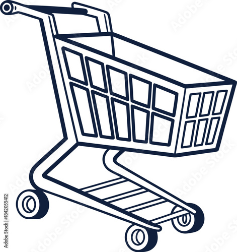 Monochromatic line drawing illustration of a supermarket shopping cart icon