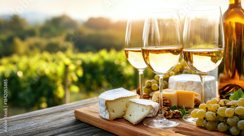 White wine glasses clinking over cheese board at golden hour vineyard picnic