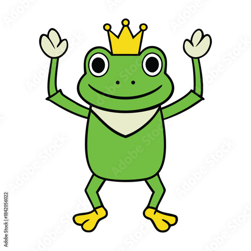 A cheerful frog prince stands tall with a tiny crown, raising his arms in joyful triumph, his wide smile glowing with playful charm and fairy-tale magic all around him.
