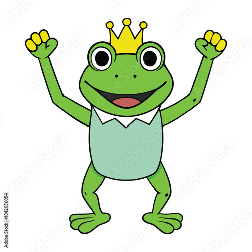 A cheerful frog prince stands tall with a tiny crown, raising his arms in joyful triumph, his wide smile glowing with playful charm and fairy-tale magic all around him.
