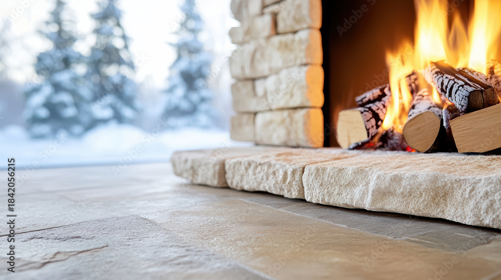 Obraz premium Cozy fireplace stone hearth winter snow outside