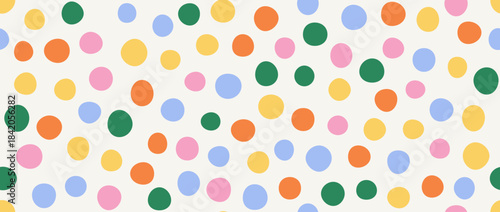 Bright birthday polka dot seamless pattern. Colorful repeated round confetti background. Cute dotted wallpaper for Easter wrapping paper, birthday decoration design, kid nursery decor. Vector