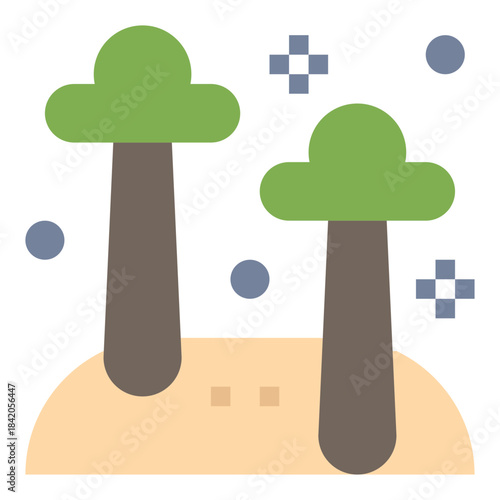 Simple Trees in the Nature: minimalist illustration of two towering trees situated on a tiny plot of land with several objects
