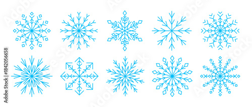 Light blue linear snowflakes collection. Simple snow flake icon set for Christmas and Happy New Year decor, winter holiday decoration, greeting card design elements. Vector illustration pack