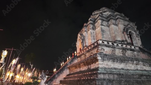Lanterns at Wat Chedi Luang Buddhist temple at night in Chiang Mai, Thailand