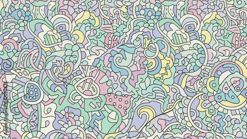 Intricate pastel abstract doodle pattern with swirling lines and organic shapes creating a complex visual texture.