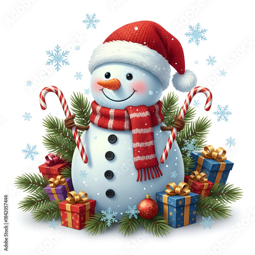 Smiling snowman wearing red santa hat and scarf surrounded by colorful gifts and candy canes on snowy white background with snowflakes