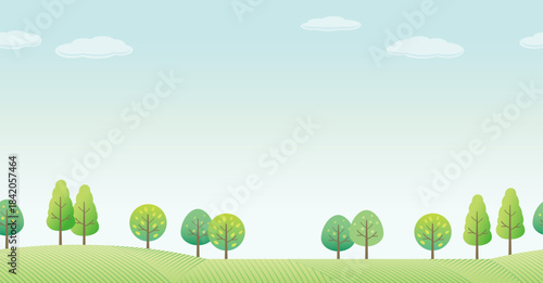 Seamless Hilly Forest In Spring Vector Illustration With Text Space. Horizontally Repeatable.