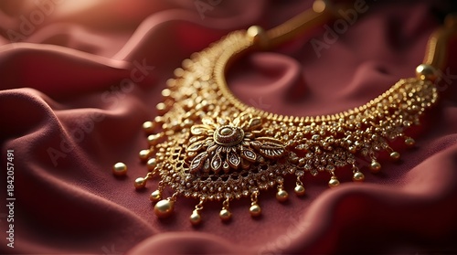 A stunning Indian bridal jewelry set featuring a luxurious gold necklace with intricate designs, complemented by matching earrings, a maang tikka, and bangles, all showcasing traditional craftsmanship