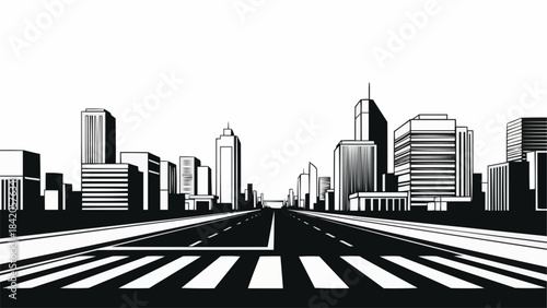 Modern Cityscape with Tall Buildings and Road.