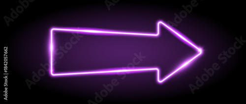 Purple neon arrow element. Violet glowing led direction sign. Shine arrowhead shape tube lamp. Bright luminous fluorescent pointer effect for banner, poster, logo. Vector neon led light illustration