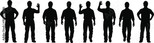 Silhouettes of construction workers in hard hats, teamwork, labor force, industrial safety, unity, job site, engineering, workforce, standing poses