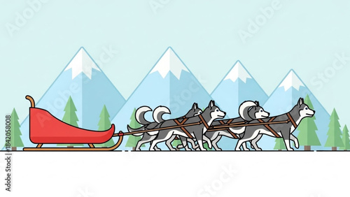 Dog Sled Team in Snowy Mountains – Winter Landscape Vector Art