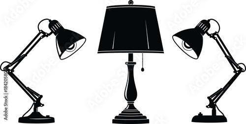 Black silhouette vector illustration of adjustable desk lamps and classic table lamp design arranged together for interior lighting, home decor, and workspace themes