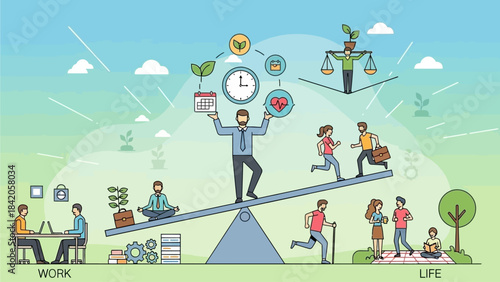An illustration depicting the concept of work-life balance with a man managing various aspects of life and work on a seesaw, showing people working and enjoying leisure activities.