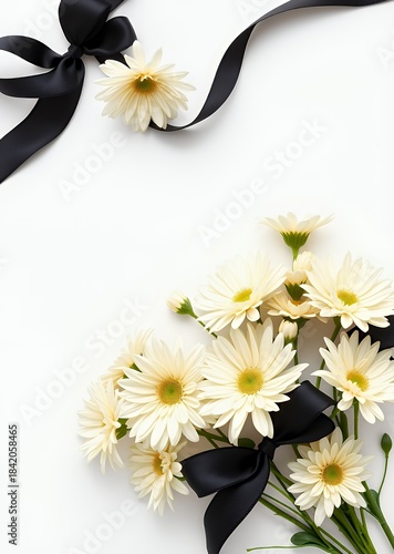Cream chrysanthemums or daisies with black ribbon on white background template banner funeral mourner symbol for obituary farewell services condolences and funeral invitation with space for text funer