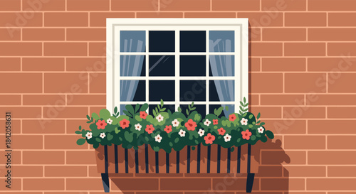 Cozy illustration of a window with sheer curtains and a flower box full of plants, set in a rustic red brick wall.