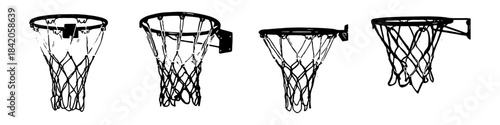 Set Black and White Silhouette basket hoops vector for sports design. Symbolizes basketball, scoring goals, and clean athletic equipment.