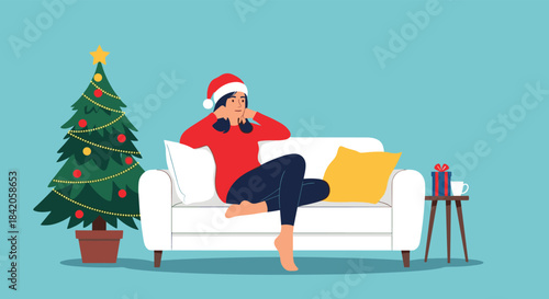 A woman wearing a Santa hat relaxes on a cozy sofa next to a decorated Christmas tree, enjoying a quiet holiday at home.