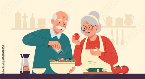 A happy elderly couple cooking together in the kitchen, making a fresh salad with healthy vegetables, enjoying their retirement.