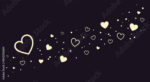 A beautiful, magical background with a flowing stream of glowing hearts, dots, and sparkles on a dark canvas for romantic designs.