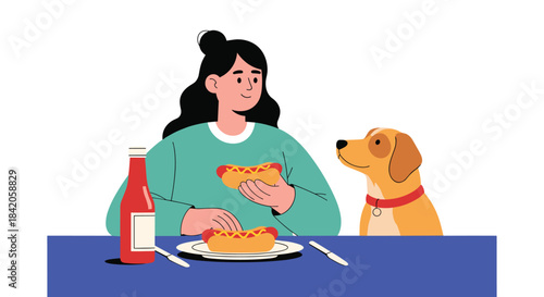A woman eating a hot dog at a table while her cute beagle dog watches her with a hopeful and friendly expression.