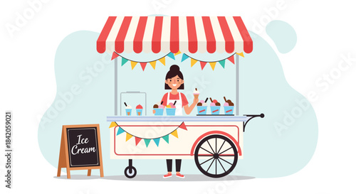 Happy female vendor in an apron selling delicious scoops of ice cream from a colorful, festive street cart with an awning.