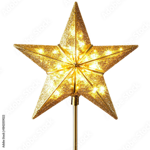 A golden star with LED lights on a gold pole against a white background.