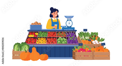 Friendly female grocer standing behind a colorful farmers market stall filled with fresh organic vegetables, fruits, and produce.