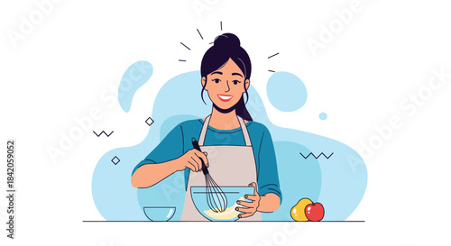 Happy young woman wearing an apron and smiling while whisking ingredients in a glass bowl, preparing a meal in the kitchen.