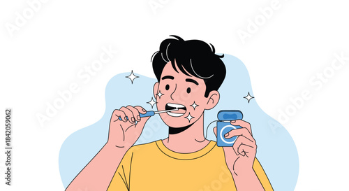 Young man practicing good oral hygiene by brushing his sparkling white teeth while holding dental floss for complete care.