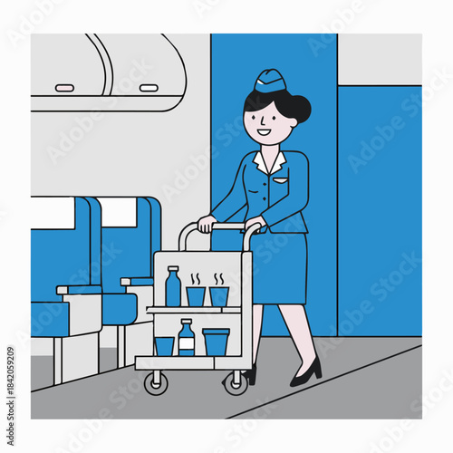 “Flight Attendant Serving Drinks”
Flat vector flight attendant pushing service cart, cups and bottles as simple shapes, aisle background made of solid blocks.