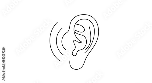 Minimalist continuous line drawing of a human ear, representing hearing, listening, sound, and the sense of audition.
