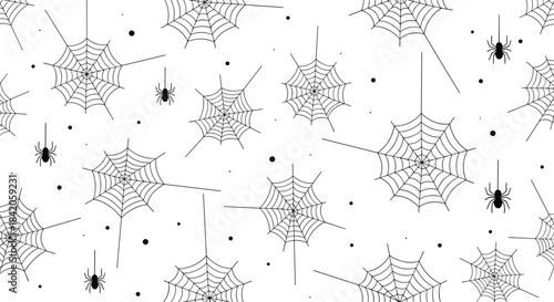 Seamless black and white halloween pattern with intricate spiderwebs and hanging spiders on a clean white background for decor.