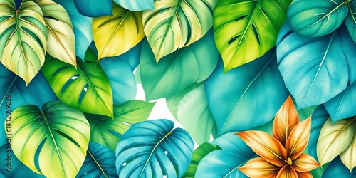 Vibrant watercolor painting of lush tropical leaves in various shades of green and teal,  card,  jungle