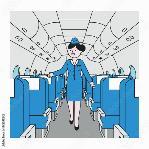 “Flight Attendant Walking Through Aisle”
Flat vector attendant walking confidently down airplane aisle, seats shown as geometric shapes, strong solid colours.