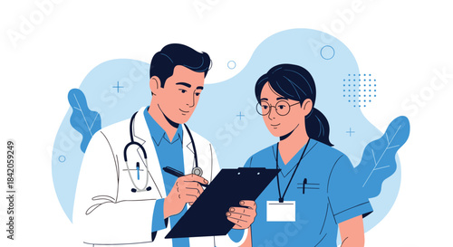 Male doctor and female nurse characters collaborating, reviewing a patient's medical chart on a clipboard in a hospital setting.