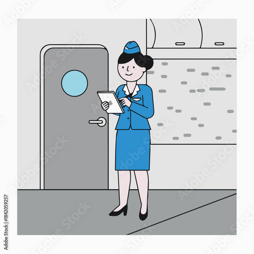 “Flight Attendant Checking Passenger List”
Flat vector attendant holding tablet or clipboard, minimal airport or cabin backdrop, bold solid-colour uniforms.