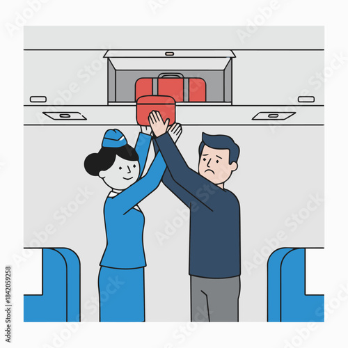 “Flight Attendant Assisting Passenger with Luggage”
Flat vector attendant helping place bag in overhead bin, overhead compartments shown with clean solid blocks.