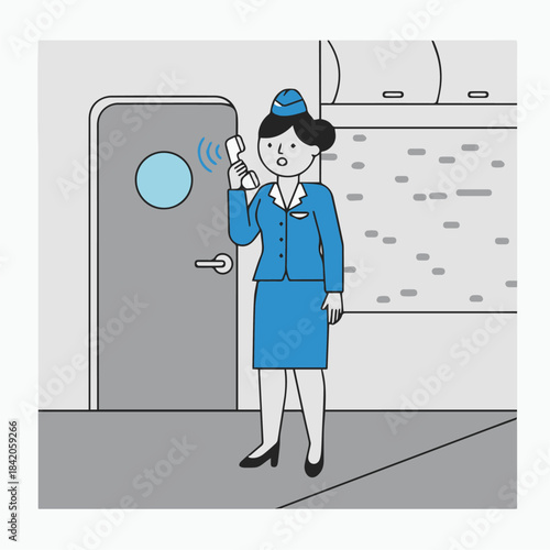 “Flight Attendant Making Announcement”
Flat vector attendant speaking into intercom, simple PA device outline, flat colour waves indicating sound.