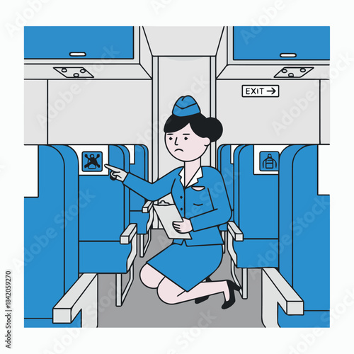 “Flight Attendant Performing Pre-flight Check”
Flat vector attendant inspecting cabin elements, seatbelt icons and signs shown as simplified geometric shapes.