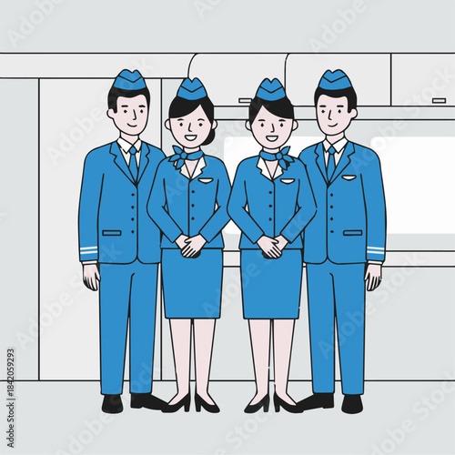  “Flight Attendant Team Group Pose”
Flat vector group of attendants standing together smiling, unified solid-colour uniforms, minimal background composition.