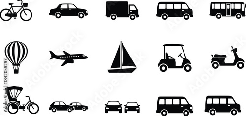 Silhouettes of various transportation modes including land, air, and water vehicles for travel, mobility, and design illustration use