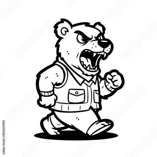Angry Cartoon Bear Wearing Utility Vest Walking Forward. Vector illustration.