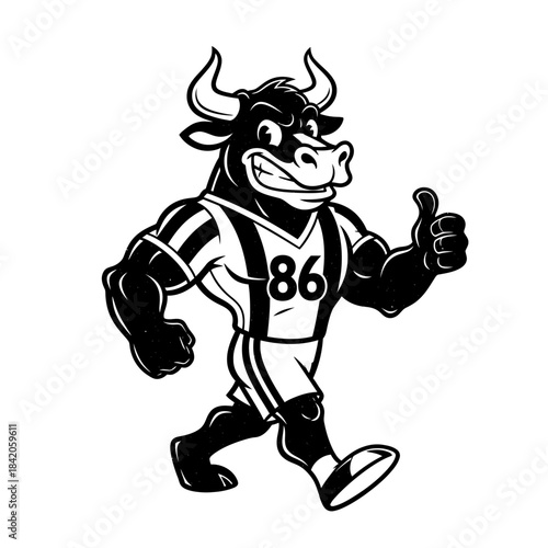 Cartoon Bull Mascot in Sports Jersey Giving Thumbs Up.