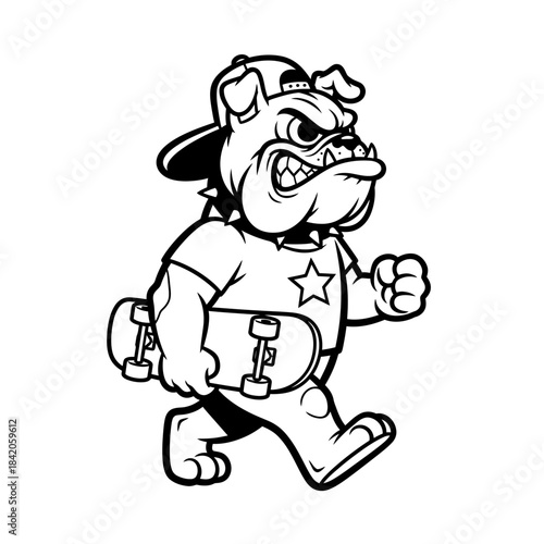 Cartoon Bulldog Mascot Carrying Skateboard Under Arm.