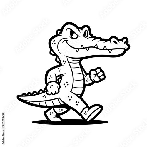 Cartoon crocodile character walking with determined expression.