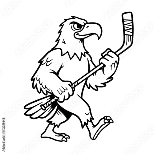 Cartoon Eagle Holding Hockey Stick In Motion.