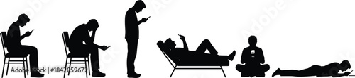 Smartphone posture silhouette, mobile device addiction, digital lifestyle, tech behavior, modern habits, vector illustration, black graphic, technology impact, seated figures